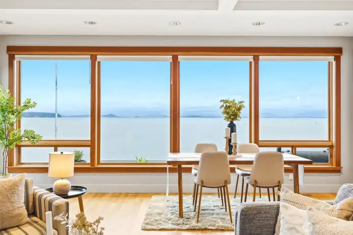 Sea birds, ducks, herons, eagles, otters, and occasionally whales come and go.