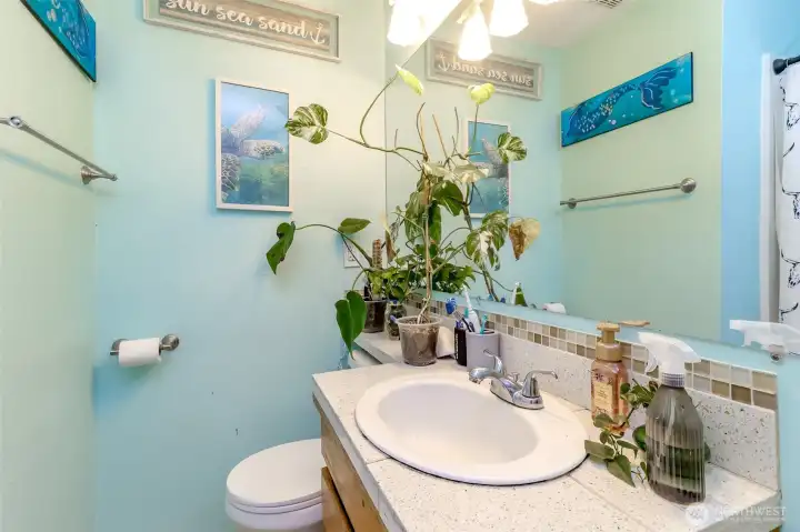 the main hall bathroom upstairs has a full bathtub with shower. the main hall bathroom upstairs has a full bathtub with shower.