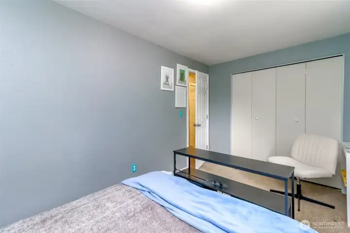 This is the large bedroom upstairs which each closet has inside the typical closet rod but there is solid shelving with braces so it is excellent for storing heavy items! This is the large bedroom upstairs which each closet has inside the typical closet rod but there is solid shelving with braces so it is excellent for storing heavy items!