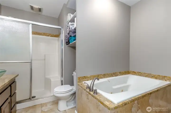 The main floor primary bedroom bathroom is a 5 piece-there are also two sinks on top of the granite counter! The main floor primary bedroom bathroom is a 5 piece-there are also two sinks on top of the granite counter!