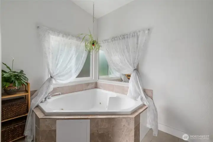 Primary bathroom has a corner jetted tub. Primary bathroom has a corner jetted tub.