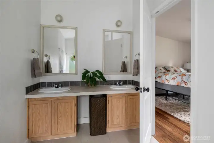 Primary bathroom with two sinks. Primary bathroom with two sinks.