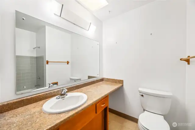 Spacious full hall bath  Single vanity with extra-long counter & medicine cabinet  Tub with tile surround  Skylight