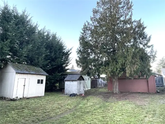 Looking to the back you can see the storage shed, well house and 2 car garage.