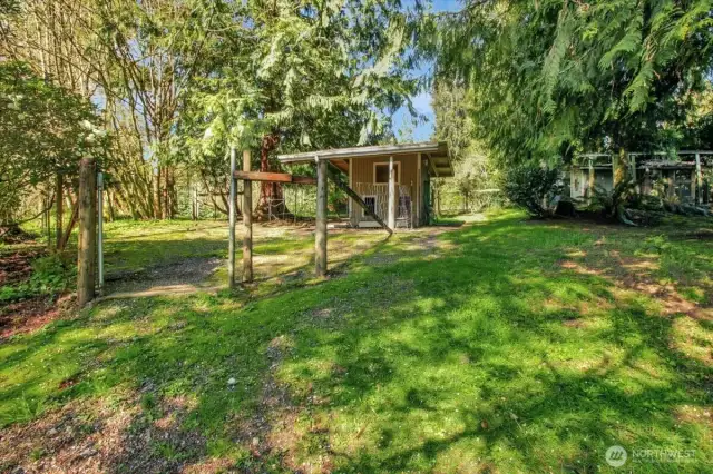 Dog run with chicken coop behind