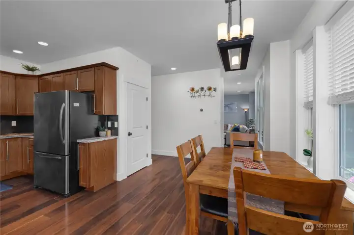 Dining room with view of walk in pantry.