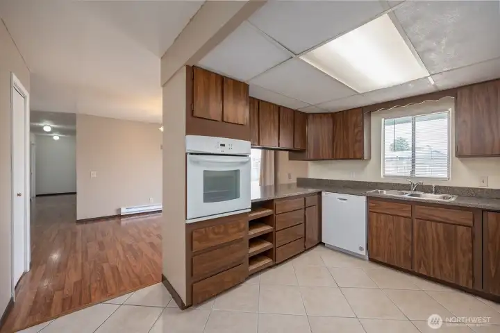 Kitchen looking into dining area