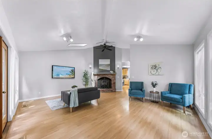 Spacious living room with soaring ceilings.
