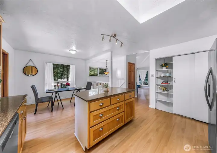 Spacious kitchen with ample storage and prep space.