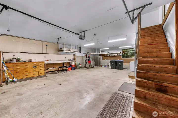 Massive 884-square-foot garage with tandem parking potential.