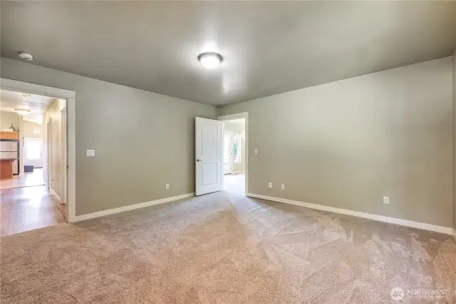 Large primary bedroom with new carpet
