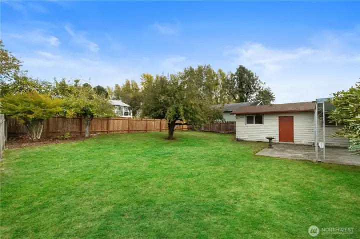 Level yard, fully fenced back yard with apple trees.  Great shade, but still room for play and a garden!