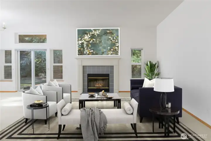 Virtually Staged: concept arrangement of social setting in living room wrapped around the woodburning fireplace.