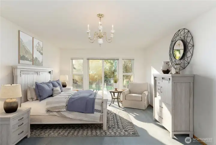 Virtually Staged: Gorgeous light filled, large primary bedroom with private entrance and deck overlooking the landscape.