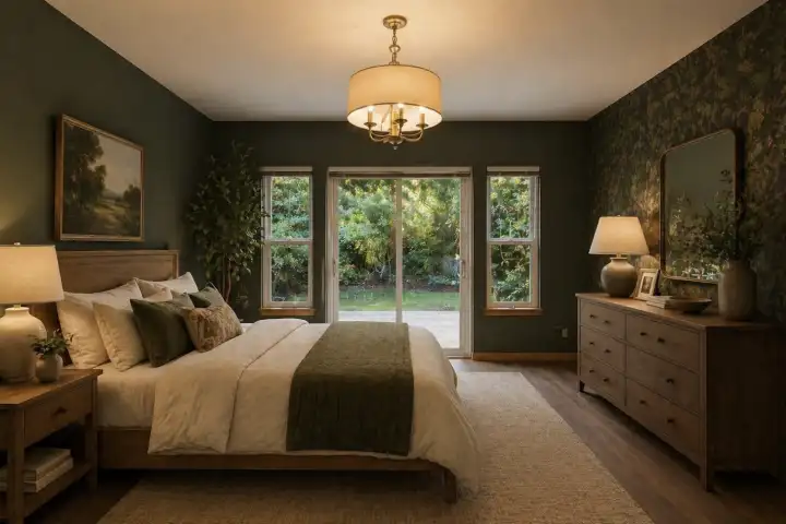 Virtually Staged and recreated to show you the difference of bringing vision to life. Now this is a cozy bedroom overlooking the private forested back yard.