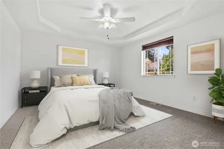 Virtually staged primary bedroom