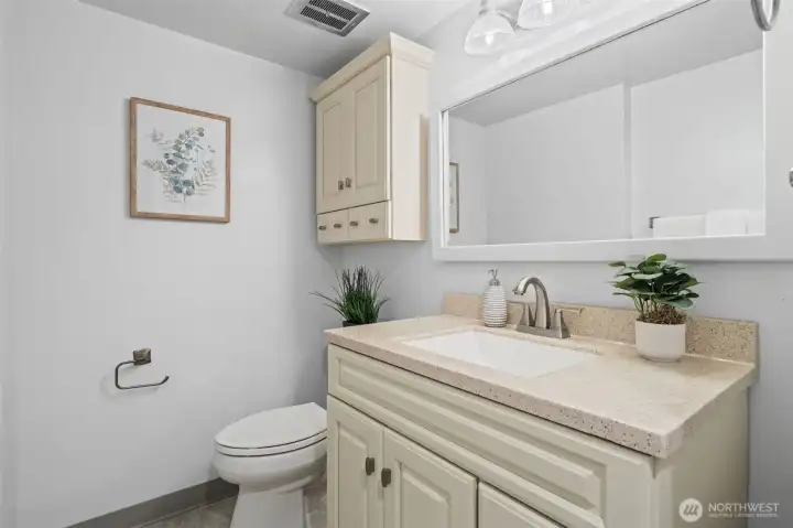 Updated lower-level bath with a clean vanity, quartz countertop, and timeless fixtures. Includes a dedicated shower and is perfectly suited for guests with its convenient layout.