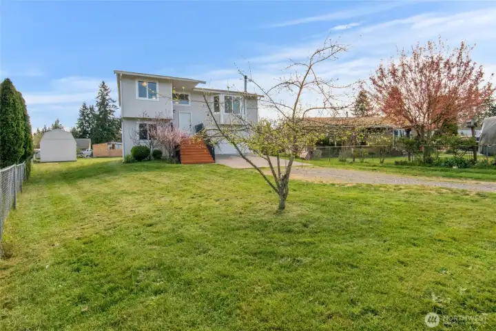 Front of home with cherry trees and a view of the Tuff shed