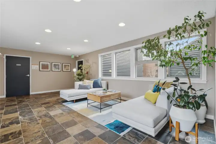 Lounge area next to 4th floor elevators.