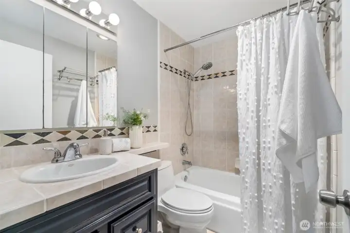 Full bath with custom tile and mirror storage Full bath with custom tile and mirror storage