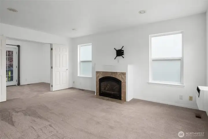 Propane Fireplace in the Great Room, with the Office to the Left.