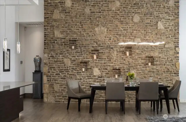Natural stone wall with candle alcoves - privacy edge to primary suite
