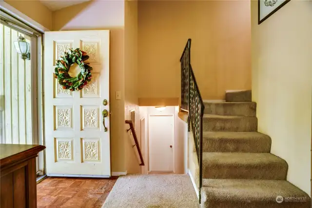 The separation of living areas into different levels provides seclusion and buffers the noise in a busy home. The carpets need to be replaced, so start imagining what you would like to do with these stairways.