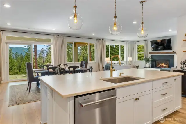 Large kitchen island with stunning views.
