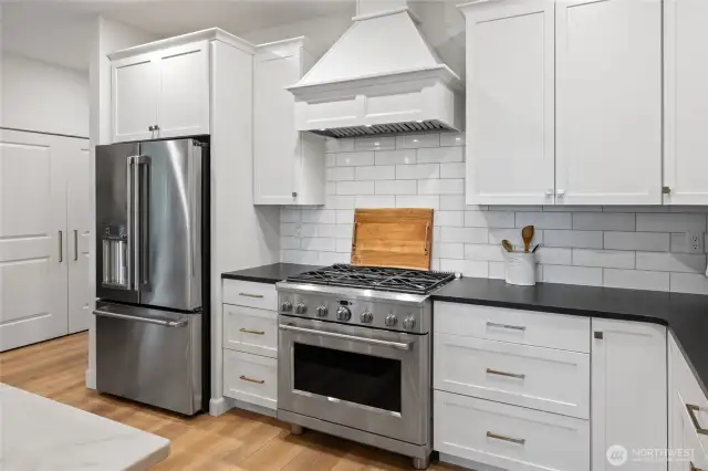 High end appliances with a gas range.