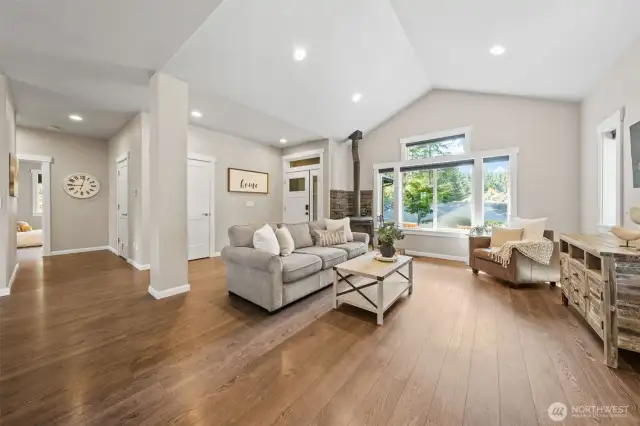 The perfect living room for hanging out and enjoying the wood stove