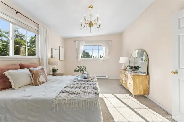 Main floor bedroom 3 (Primary). Expansive primary bedroom filled with natural light, featuring large windows, soft carpeting, and elegant chandelier lighting.