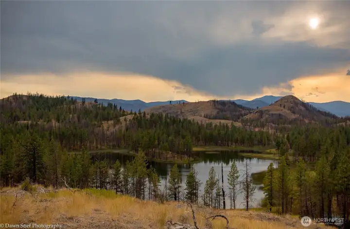 Moody light looking across Albrecht Lake from above.
