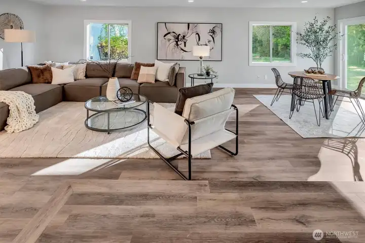 Perspective from dining area to the integrated family room/great room