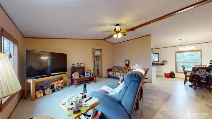 The large living room is open to the dining area and kitchen.