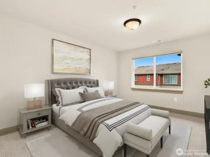 Virtually staged Primary Suite with ensuite bath and large deep closet system