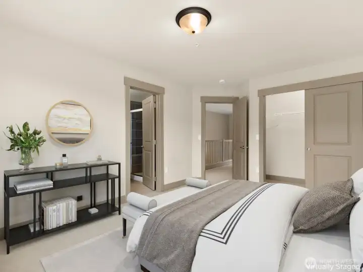 Virtually staged Primary Suite with ensuite bath and deep closet