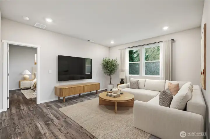 Cali plan virtually staged. Cabinet color may vary.