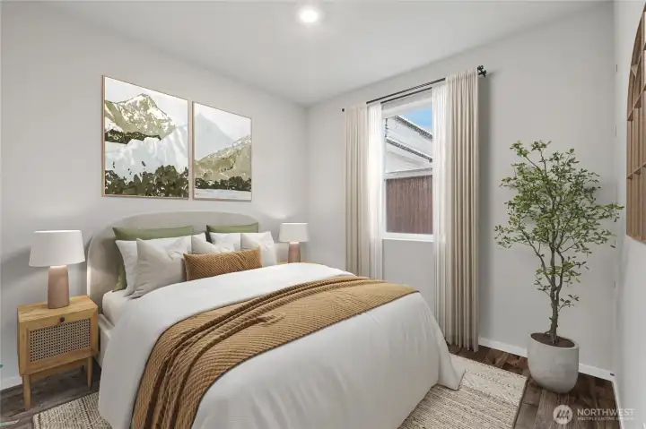 Cali plan virtually staged. Cabinet color may vary.