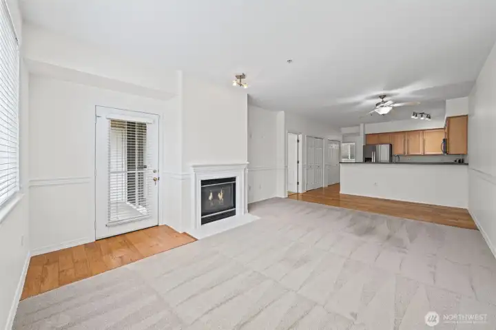 Spacious living room with patio and gas fire place