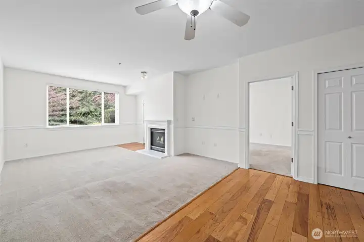 Light and bright living room with fireplace