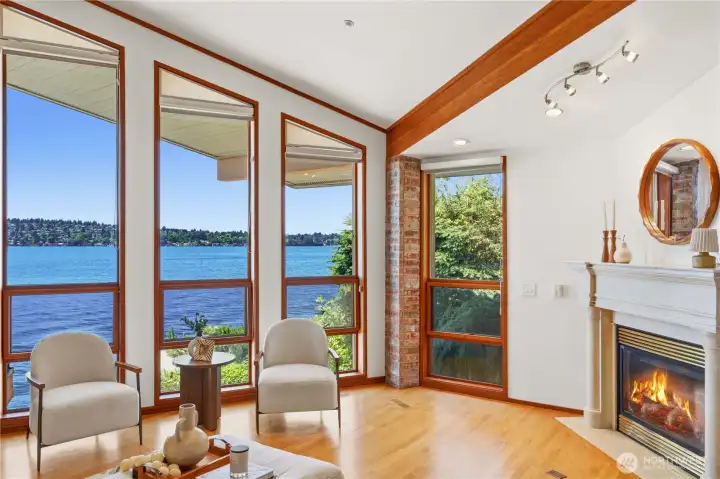 Fireside retreat overlooking tranquil lake