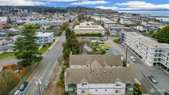 Drone view looking south towards downtown Edmonds just 2 blocks to Main Street.