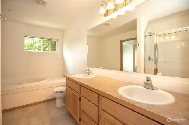 Double sinks, nice soaking tub, and nice sized shower.