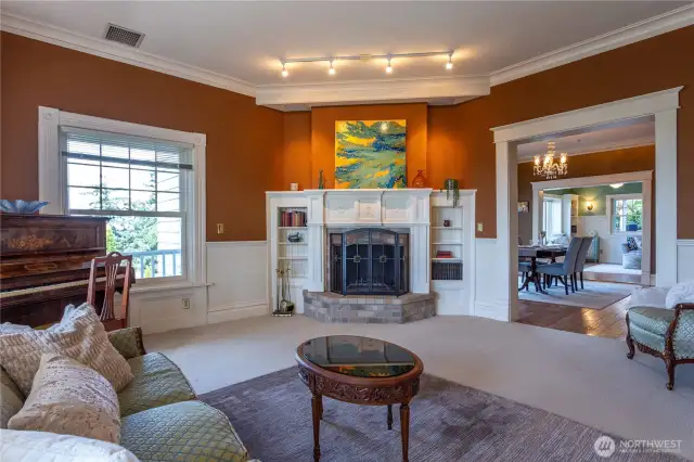 Living room looking to into dining area, view from windows