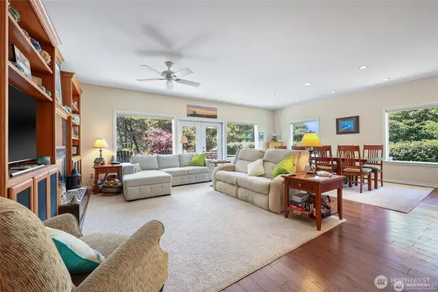 Spacious great room looks out to the back deck.