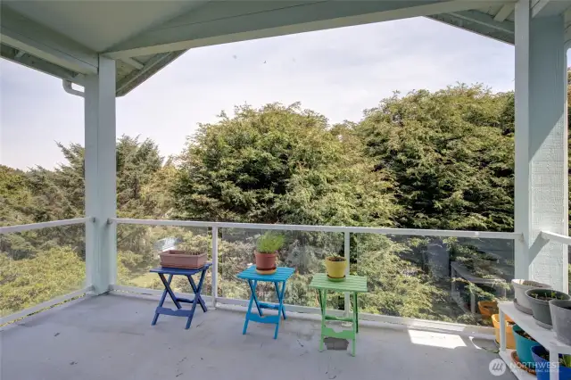 The back yard deck is covered, and very private and peaceful.