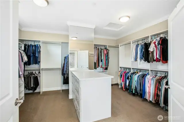 The incredible primary walk-in-closet has ample hanging space, shelving and a built-in dresser as well. Note crown molding and ample lighting.