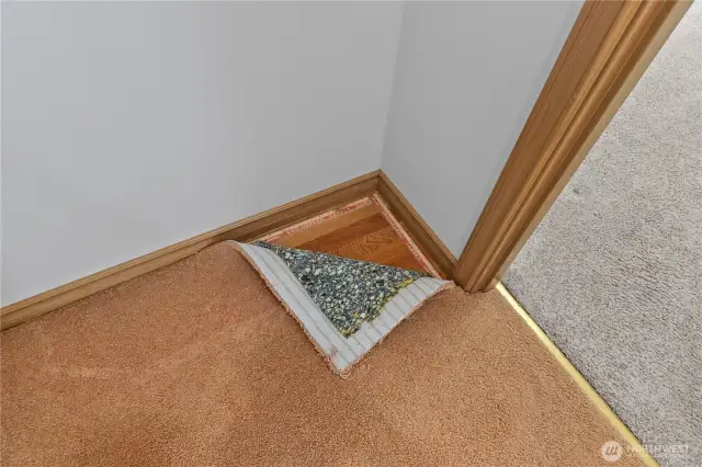 Beneath living room carpet are pristine oak floors