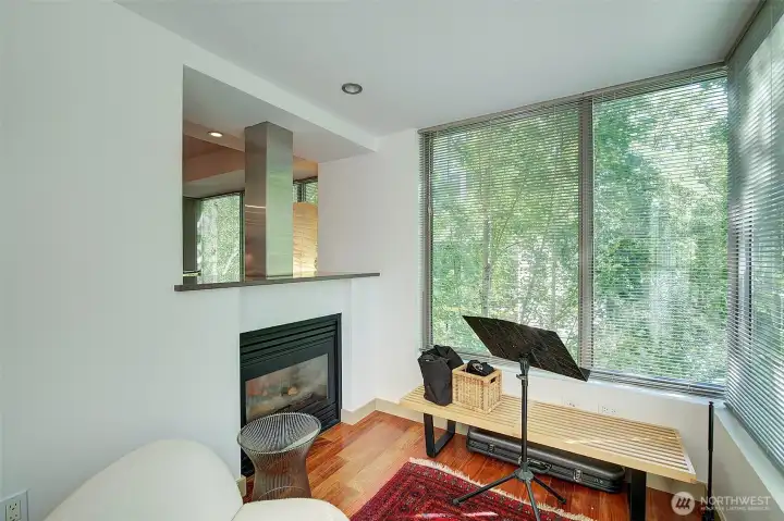 2 Sided Fireplace for cozy den/office vibe.