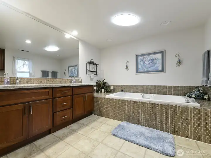 Attached primary bath w/ Jacuzzi tub. Also shower. Granite countertops. Two sinks.